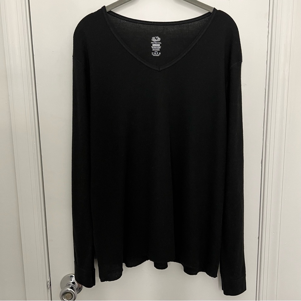 Fruit of the Loom Waffle Long Sleeve Tee Shirt V Neck Micro Knit Thermal V-Neck